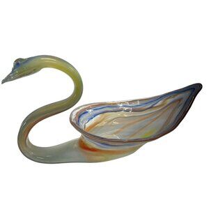 Handcrafted Sooner Art Glass Swan Sculpture Centerpiece Swirled Bowl